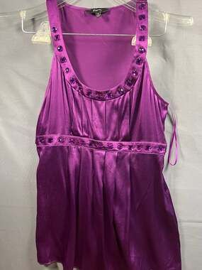 Express Y2K Sleeveless Satin Blouse with Purple Gemstone Embellishments